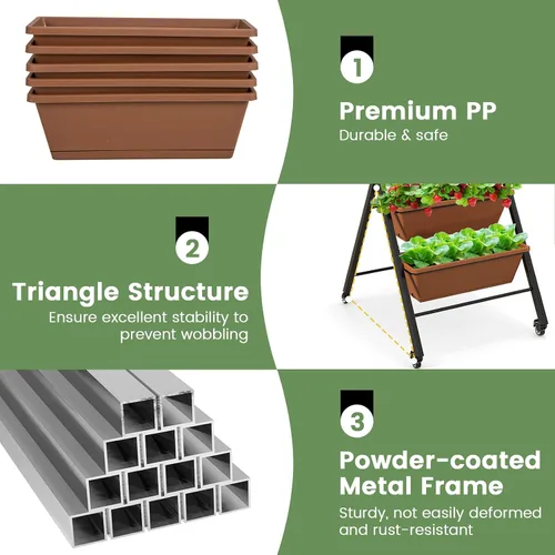 Miniatura 6 de Giantex Cama de jardín elevada vertical sobre ruedas, macetas elevadas de 5 niveles, camas de jardín con orificio de drenaje, 5 contenedores