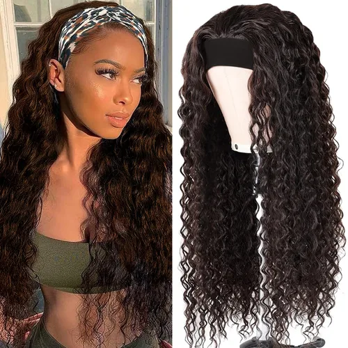 Miniatura 26 de Peluca de cabello humano con diadema de ondas profundas, sin pegamento, pelucas de cabello rizado sin encaje frontal, pelucas de cabello humano