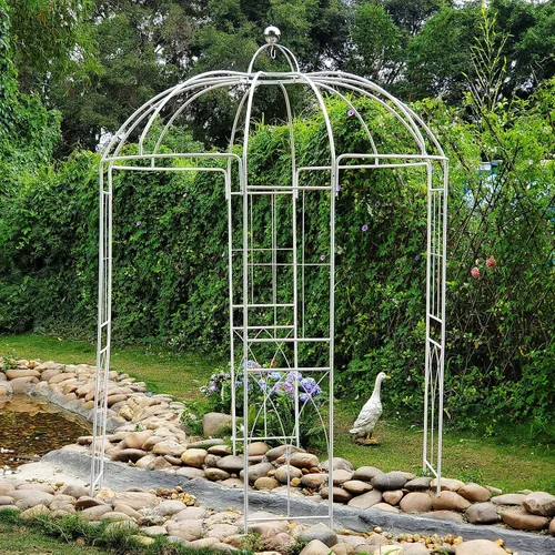 Arcos de Jardín Pérgolas en Forma de Jaula de Pájaros, 9' de Alto x 6.8' de Ancho, Cenador de Metal Blanco, Enrejado de Hierro Duradero, Soporte