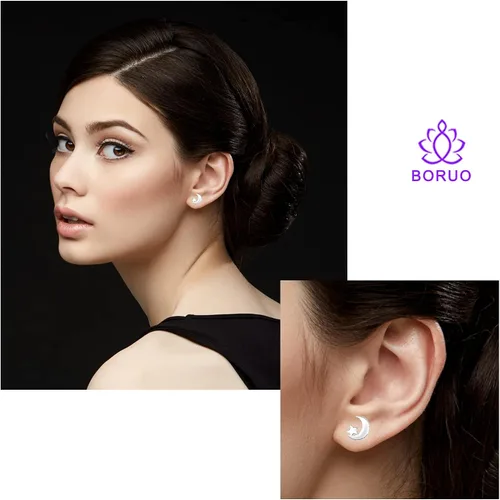 Miniatura 3 de BoRuo Crescent Moon - Aretes de tuerca de plata de ley 925,de alto pulido, resistentes al desgaste