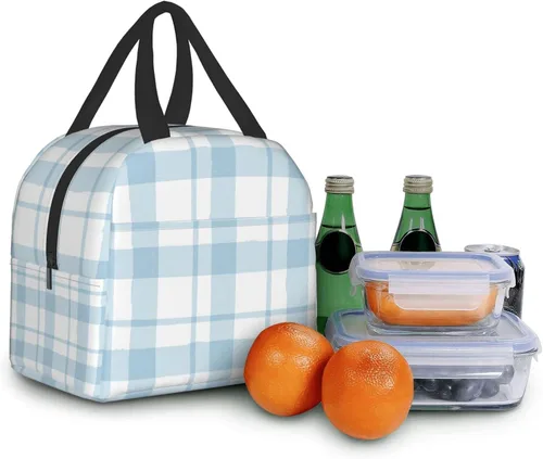 Miniatura 6 de Lonchera con diseño a cuadros azules aislada, bolsa térmica para almuerzo para adultos, niños, niñas, mujeres, oficina, trabajo, escuela, picnic