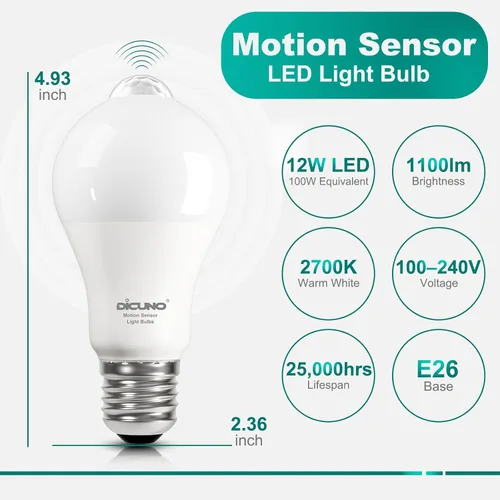 Miniatura 2 de DiCUNO PIR - Bombillas con sensor de movimiento, 12 W (equivalente a 100 W) E26 LED con sensor de movimiento corporal, bombilla infrarroja