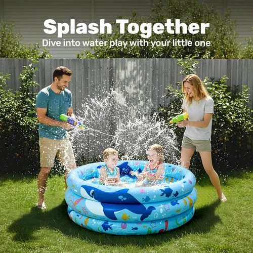 Miniatura 3 de Sloosh Piscina inflable para niños, 34 x 10 pulgadas, piscina inflable para niños, 3 anillos, piscina azul para bebés para niños, hoyo de juego