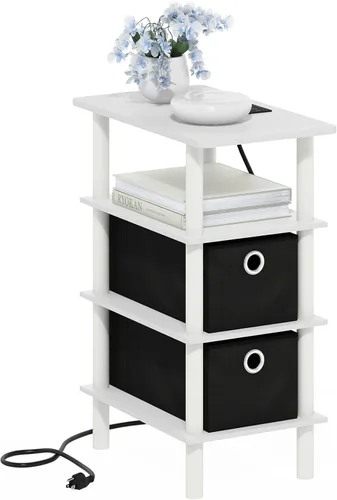 Miniatura 13 de Furinno Turn-N-Tube - Mesa auxiliar cuadrada de 2 niveles con estación de carga, mesita de noche, mesita de noche con puerto USB y tipo C, para sala