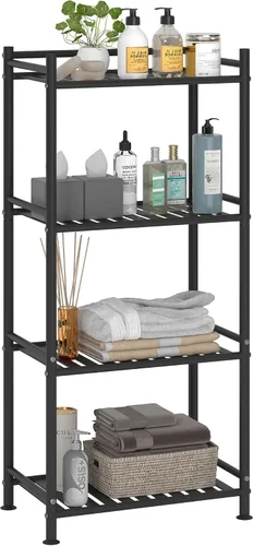 Esquinero de almacenamiento de 4 niveles para el baño, estante abierto de pie, estante de esquina de metal para la cocina, salón, pasillo (negro, 4