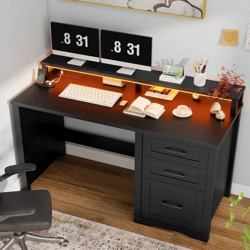 Miniatura 20 de Vabches 47" Farmhouse Executive Desk with Monitor Stand & File Cabinet,3 Drawers Computer Desk with LED Lights and Power Outlets,Workstation for