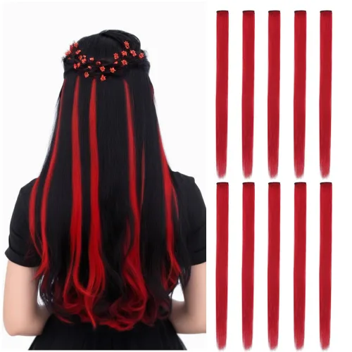 Miniatura 8 de 12 extensiones de cabello sintético lacio de color con clip, de 22 pulgadas, para mujeres, niños y niñas, reflejos para fiesta (liso, 12 colores)