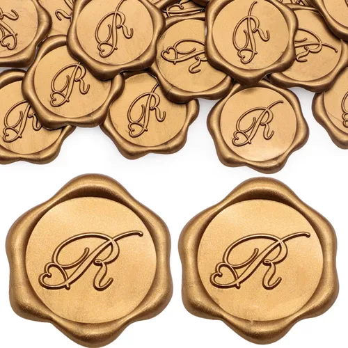 Miniatura 22 de SWANGSA Paquete de 50 calcomanías de sello de cera de letra A, diseño de corazón dorado antiguo, calcomanías de cera inicial para boda, fiesta