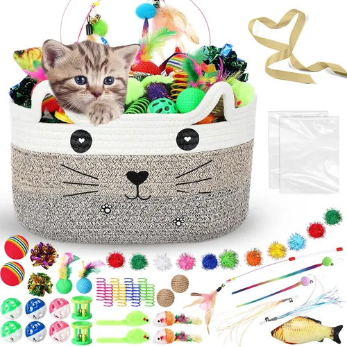 Miniatura 12 de Zopeal Juego de 76 cestas de almacenamiento para gatos, juguetes interactivos para gatos, varita para gatitos, bolas parpadeantes coloridas, bolas