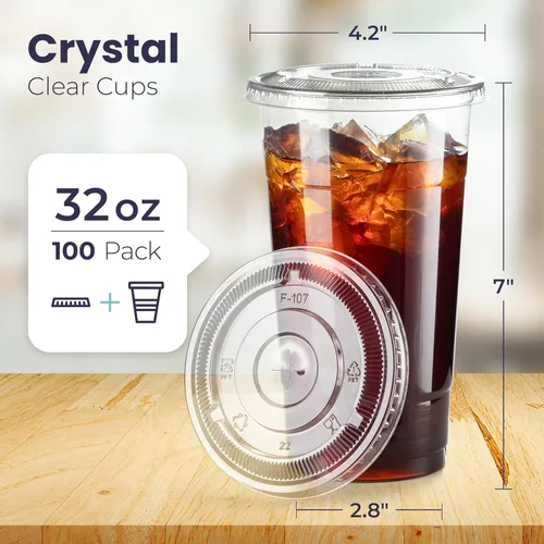 Miniatura 2 de Fit Meal Prep Paquete de 100 vasos de plástico transparente de 32 onzas con tapas planas, tazas desechables para café helado, sin BPA, taza