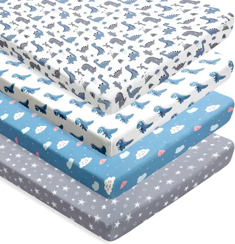 Juego de 4 sábanas suaves para bebé, diseño de dinosaurio, estrella, nube, poliéster, neutro, unisex, juego de sábanas bajeras para bebés niños