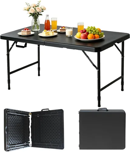 Miniatura 19 de Mesa plegable portátil de plástico de 4 pies/6 pies/8 pies, mesa de picnic y comedor de alta resistencia, color blanco y negro, plegable a la mitad