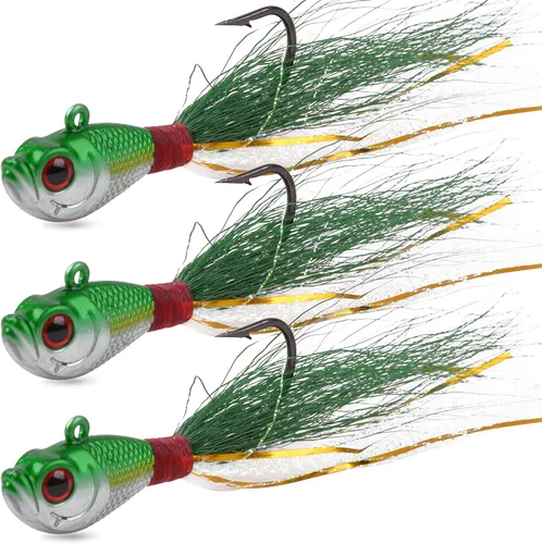 Bucktail Jigs Señuelos de agua salada, 3/5 piezas de jigs de pelo de cola de cubo para la cabeza, señuelos de pesca, kit surtido para lubina,