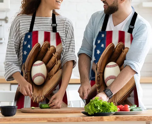 Miniatura 3 de Delantal de cocina vintage de béisbol con bandera estadounidense, delantal de chef casero, impermeable, para mujeres y hombres, 31 x 27 pulgadas