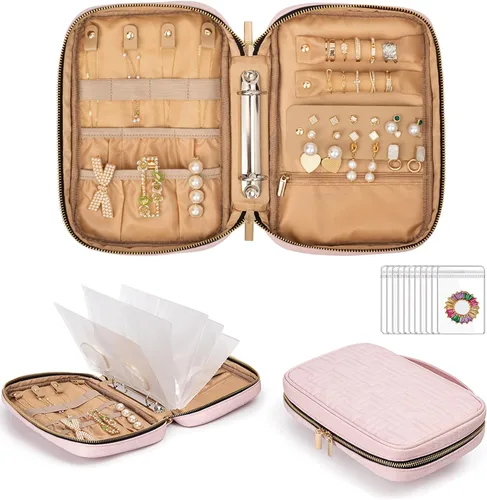 Allinbag Bolsa organizadora de joyas de viaje con 5 páginas grandes transparentes y 10 rejillas, organizador de collares de viaje transparente y