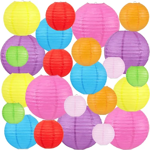Linternas de papel coloridas, 24 linternas colgantes para decoración de aula y fiesta | 6-12 Inch Assorted Rainbow Lantern Set for Birthdays, Summer