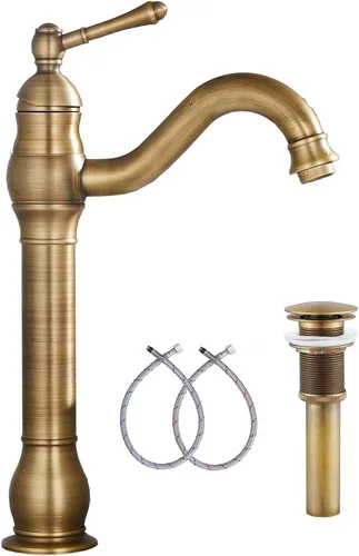 Grifo giratorio de latón antiguo de 360° para lavabo de baño con una sola manija con un agujero a juego con drenaje desplegable