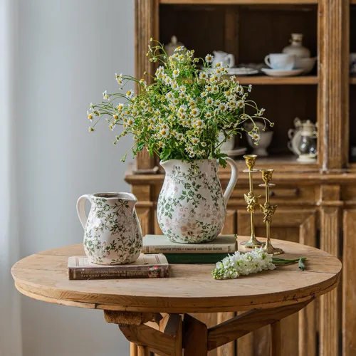 Miniatura 2 de Jarrón floral de cerámica verde y blanco con asa, jarrón rústico de granja, florero floral chinoiserie para decoración del hogar, sala de estar