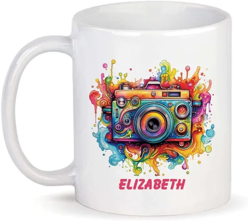 Miniatura 15 de Taza personalizada con texto en inglés "Me gusta destellar", taza de té de cerámica con cámara colorida personalizada con nombre, tazas de café