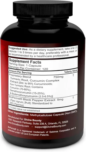 Miniatura 2 de Curcumina de cúrcuma con extracto de pimienta negra BioPerine - 755 mg por cápsula, 120 cápsulas veganas - Tumérico sin OMG, estandarizado al 95%