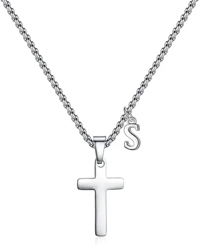 Initial Cross Necklace for Boys Men Girls - Stainless Steel Letter Cross Pendant Jewelry First Communion Baptism Gifts