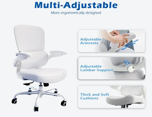 Miniatura 5 de TRALT Silla ergonómica de oficina, silla de escritorio con soporte lumbar ajustable, silla de computadora cómoda de malla con reposabrazos Blanco