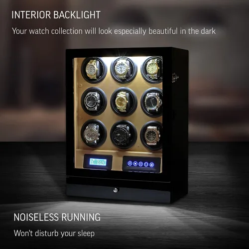 Miniatura 3 de Enrollador de 9 relojes con retroiluminación LED, control remoto, pantalla LCD y 2 compartimentos de almacenamiento para relojes, negro + marrón