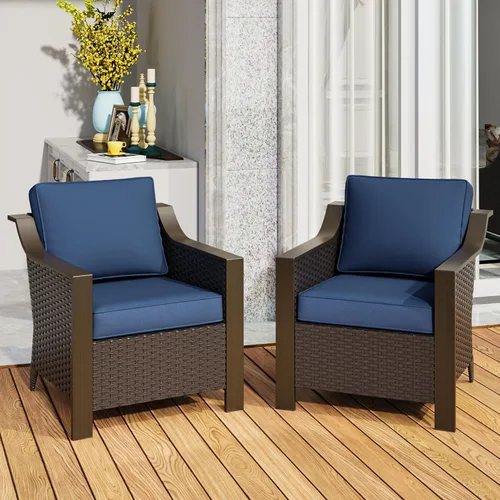 Miniatura 10 de Juego de 2 sillas giratorias de metal para patio, juego de muebles de conversación de mimbre, tapizados y mecedoras deslizantes de 360 grados, ratán