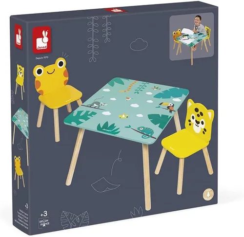 Miniatura 7 de Janod - Mesa Tropik de Madera y 2 Sillas - Mueble Infantil - Mesa: 21,65 x 21,65" - 1 Silla Jaguar y Rana - Pinturas a Base de Agua - 3 Años + J08273