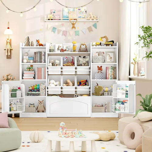 Miniatura 4 de FINETONES Organizador de almacenamiento de juguetes de 55 pulgadas con 6 contenedores de juguetes, estantería grande 5 en 1 para niños con cofres