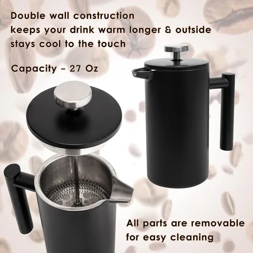 Miniatura 2 de Mixpresso Cafetera de Prensa Francesa de Acero Inoxidable Negro 26 Oz 770 ml, Prensa Francesa de Acero Inoxidable con Aislamiento de Doble Pared