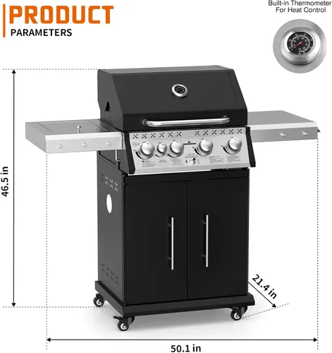 Miniatura 9 de SKOK Parrilla de gas propano de 4 quemadores con quemadores laterales y traseros infrarrojos, parrilla de barbacoa al aire libre con rejillas