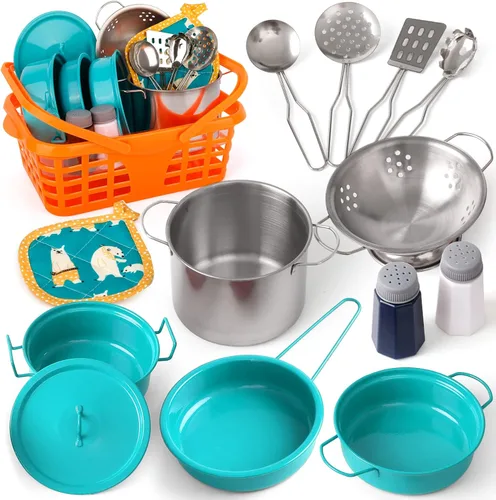 Juego de accesorios de juguete de cocina para niños pequeños, juego de cocina para niñas y niños, incluye ollas y sartenes coloridas (verde)