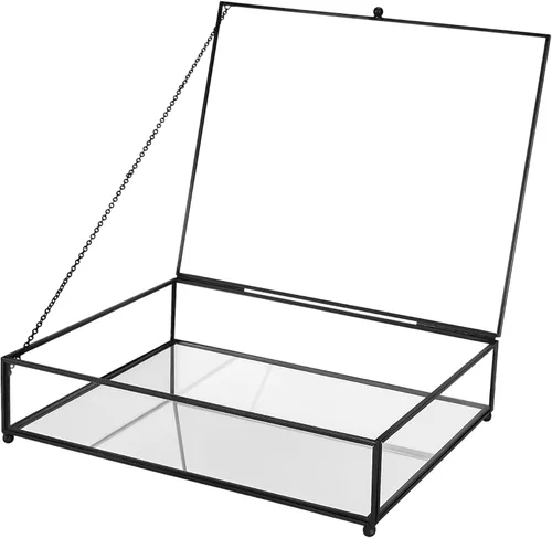 REDHUGO Cajas grandes de vidrio para exhibición hechas a mano, parte inferior con espejo, caja de joyería de cristal con tapa, para libros, fotos,