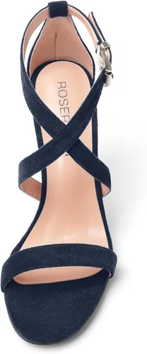 Miniatura 3 de ROSERWISH Sandalias de tacón alto con hebilla de gamuza para mujer, con puntera abierta, correa al tobillo, de 4 pulgadas