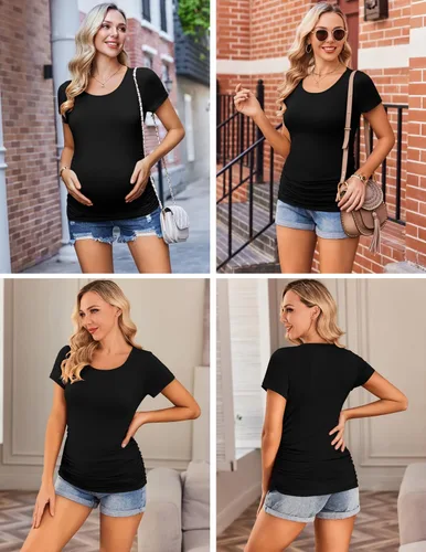 Miniatura 4 de Ekouaer Camisas de maternidad para mujer, paquete de 3 unidades, camiseta de embarazo fruncida lateral, blusa tipo túnica, casual, ropa para mamá