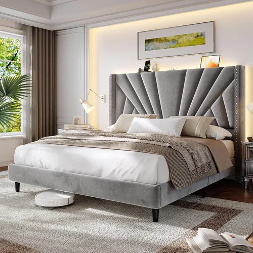 Miniatura 10 de EnHomee Marco de Cama Queen con Cabecera Alta de 51" Wingback, Cama Plataforma Tapizada en Terciopelo con Estación de Carga y Luces LED, No Necesita