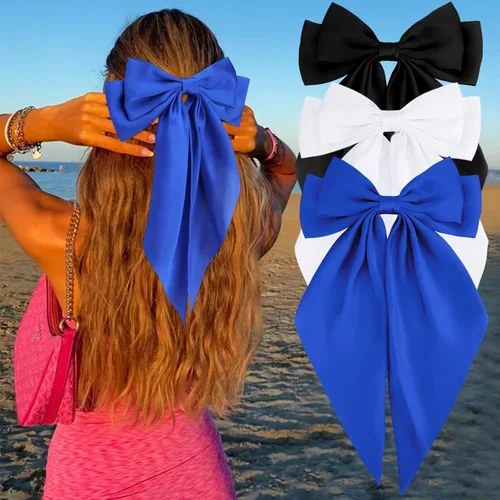 Miniatura 11 de Velscrun Lazos para el cabello para mujeres y niñas, 3 unidades, lazo blanco, lazo negro, azul marino, lazos grandes para el cabello con clip, lazos