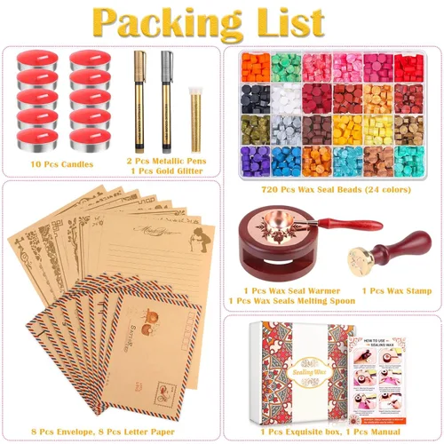 Miniatura 5 de Anezus Kit de sellado de 754 piezas con cuentas de cera, sello, calentador, sobres vintage, bolígrafo metálico para sellado de cartas, invitaciones