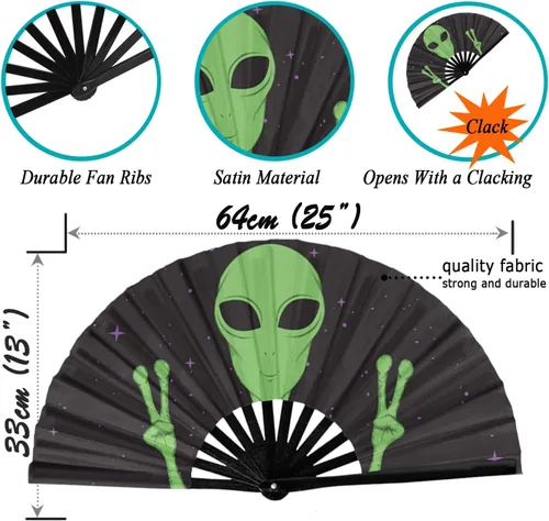 Miniatura 41 de HeyToo Ventilador de mano grande para mujeres/hombres, con brillo UV, para Drag Queen, cosplay, EDM, club, fiesta, música, festival, baile, Cuadrado