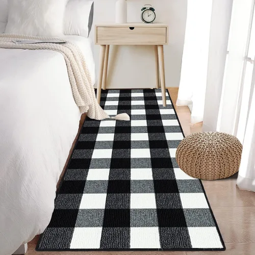 Miniatura 4 de FONEYI - Alfombra de búfalo a cuadros, alfombras de cuadros negros y blancos de 20 x 59 pulgadas, alfombras antideslizantes de interior o exterior