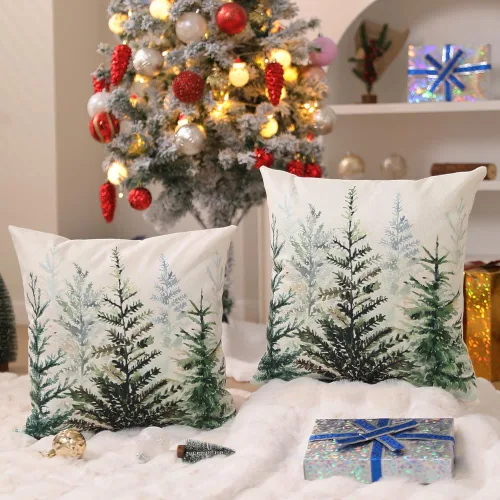 Miniatura 3 de DFXSZ Fundas de almohada de Navidad 16x16 pulgadas, juego de 2, árbol de Navidad de acuarela azul gris, fundas de almohada blancas decorativas