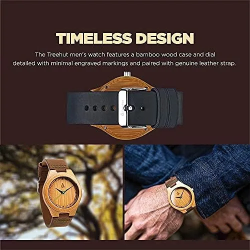 Miniatura 2 de Treehut - Reloj de pulsera analógico para hombres, de madera con correa de piel auténtica, estilo elegante.