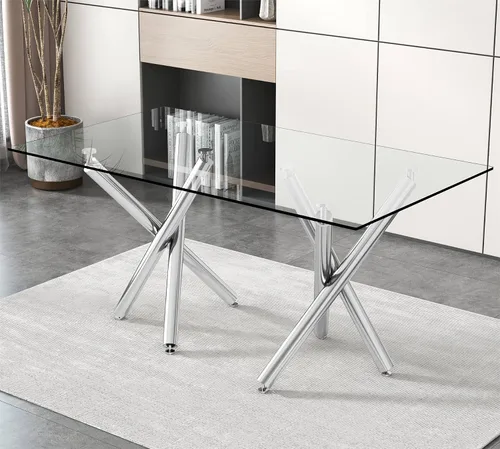 Miniatura 11 de Mesa de comedor de cristal de 71 pulgadas, mesa de comedor dorada para 6-8, mesa de cocina y comedor de gran tamaño con parte superior de vidrio