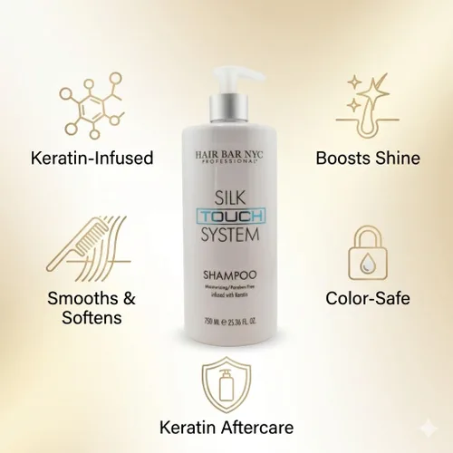 Miniatura 6 de Hair Bar NYC Silk Touch System Keratin Care Champú alisador con queratina pura y biotina para cabello tratado químicamente y coloreado, 25.36