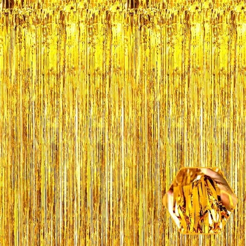 Miniatura 16 de Paquete de 3 cortinas de flecos de papel de aluminio negro y dorado, 3.28 pies x 6.6 pies, cortinas metálicas de oropel para cabina de fotos