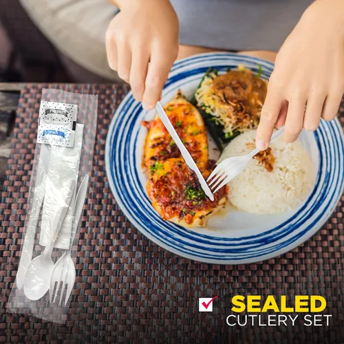 Miniatura 3 de Fit Meal Prep Paquete de 75 utensilios envueltos individualmente, juego de cubiertos de plástico blanco preenvasados con cuchara, tenedor, cuchillo