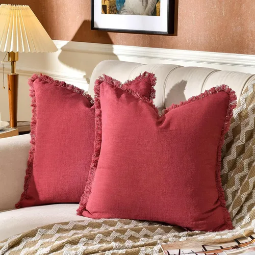 Miniatura 21 de AmHoo Paquete de 2 fundas de almohada de lino con borlas con flecos decorativas rústicas naturales para cojín de sofá, sofá, dormitorio 16 x 16 Beige