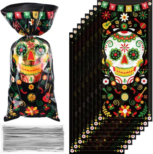 100 bolsas de regalo del Día de los Muertos, bolsas de plástico de celofán negro con 100 lazos plateados para decoraciones de Halloween, suministros