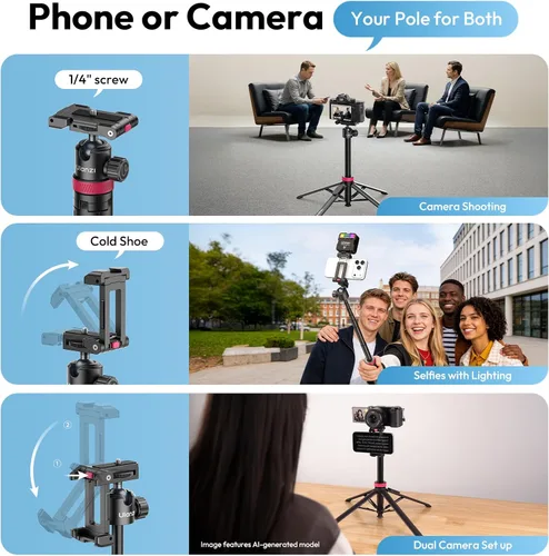 Miniatura 7 de ULANZI Trípode para teléfono abierto automático de 0.01s con control remoto, MT44B 59 pulgadas para selfie stick trípode con doble montaje